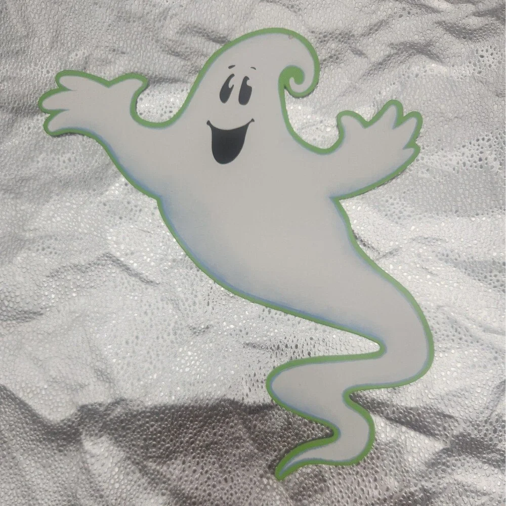 Die Cut Ghost & Cat Cartoon Neon Green Halloween Decoration Beistle Co 70s VTG